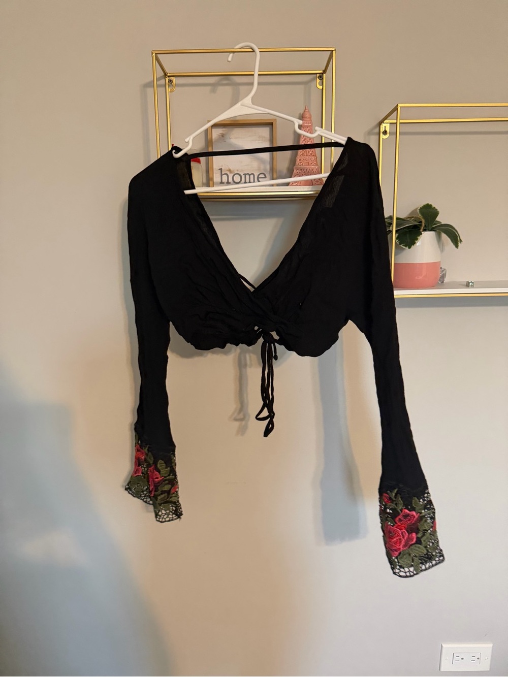 Black Cropped Tie-Front Top with Embroidered Floral Cuffs